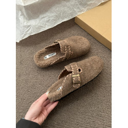 毛呢加絨勃肯鞋包頭半拖鞋女外穿2025秋冬新款一腳蹬厚底毛氈棉拖