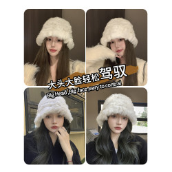 白色兔毛帽子女2025新款冬季保暖護耳針織毛線帽大頭圍毛絨漁夫帽