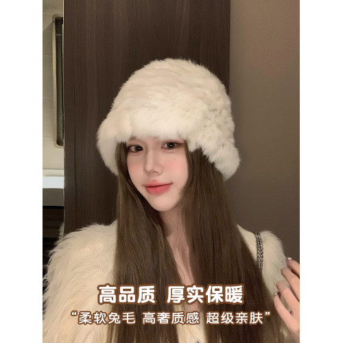 白色兔毛帽子女2025新款冬季保暖護耳針織毛線帽大頭圍毛絨漁夫帽 白色兔毛帽子女2025新款冬季保暖護耳針織毛線帽大頭圍毛絨漁夫帽
