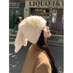 兔毛帽子可愛兔耳朵毛毛帽子保暖防寒帽顯臉小護耳帽包頭帽毛線帽