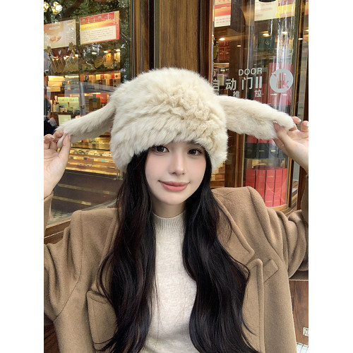 兔毛帽子可愛兔耳朵毛毛帽子保暖防寒帽顯臉小護耳帽包頭帽毛線帽 兔毛帽子可愛兔耳朵毛毛帽子保暖防寒帽顯臉小護耳帽包頭帽毛線帽