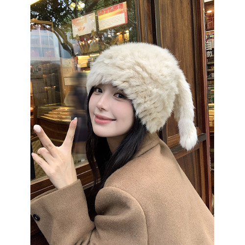 兔毛帽子可愛兔耳朵毛毛帽子保暖防寒帽顯臉小護耳帽包頭帽毛線帽 兔毛帽子可愛兔耳朵毛毛帽子保暖防寒帽顯臉小護耳帽包頭帽毛線帽