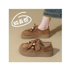 厚底勃肯鞋女秋季2025新款復古淺口單鞋系帶串珠軟底不累腳樂福鞋