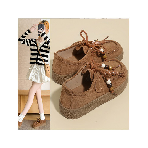 厚底勃肯鞋女秋季2025新款復古淺口單鞋系帶串珠軟底不累腳樂福鞋 厚底勃肯鞋女秋季2025新款復古淺口單鞋系帶串珠軟底不累腳樂福鞋