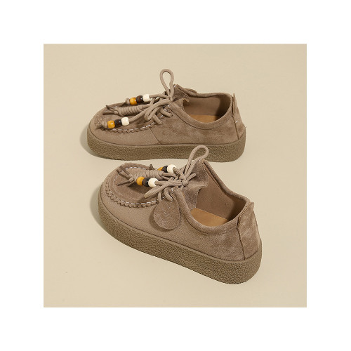 厚底勃肯鞋女秋季2025新款復古淺口單鞋系帶串珠軟底不累腳樂福鞋 厚底勃肯鞋女秋季2025新款復古淺口單鞋系帶串珠軟底不累腳樂福鞋