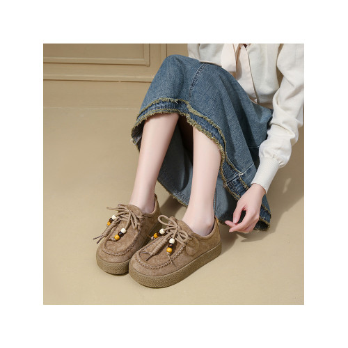 厚底勃肯鞋女秋季2025新款復古淺口單鞋系帶串珠軟底不累腳樂福鞋 厚底勃肯鞋女秋季2025新款復古淺口單鞋系帶串珠軟底不累腳樂福鞋