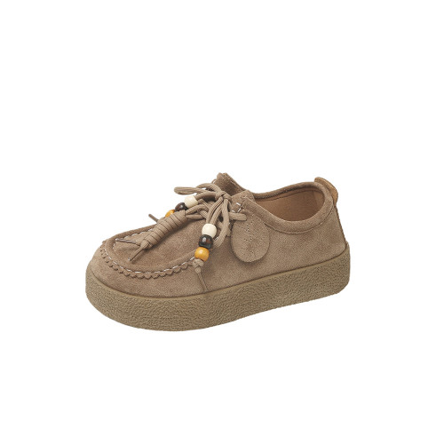 厚底勃肯鞋女秋季2025新款復古淺口單鞋系帶串珠軟底不累腳樂福鞋 厚底勃肯鞋女秋季2025新款復古淺口單鞋系帶串珠軟底不累腳樂福鞋