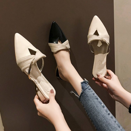 包頭半拖鞋女外穿2025春夏季新款時尚平底百搭拼色粗跟尖頭穆勒鞋 包頭半拖鞋女外穿2025春夏季新款時尚平底百搭拼色粗跟尖頭穆勒鞋