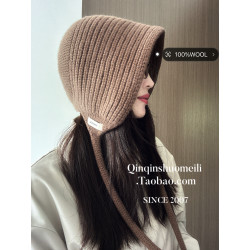 25秋冬/100％wool羊毛帽兜針織帽復古長辮護耳帽寬松可卷邊毛線帽