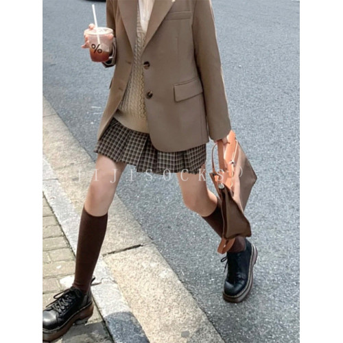 ins春秋棕色深灰小腿襪JK雙針學院風黑色竪條網紅純色長筒壓力襪