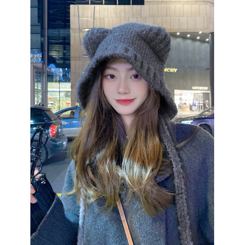 OVANCY可愛小熊毛線帽女冬季顯臉小保暖針織帽大頭圍護耳羊毛帽子 OVANCY可愛小熊毛線帽女冬季顯臉小保暖針織帽大頭圍護耳羊毛帽子