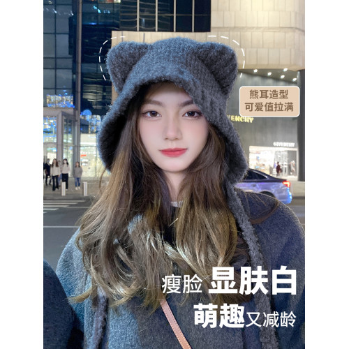 OVANCY可愛小熊毛線帽女冬季顯臉小保暖針織帽大頭圍護耳羊毛帽子 OVANCY可愛小熊毛線帽女冬季顯臉小保暖針織帽大頭圍護耳羊毛帽子