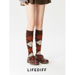 秋冬季保暖羊毛小腿襪女顯瘦壓力襪長筒襪配小皮鞋復古菱形格襪子