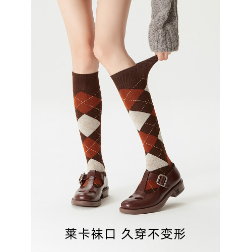 秋冬季保暖羊毛小腿襪女顯瘦壓力襪長筒襪配小皮鞋復古菱形格襪子