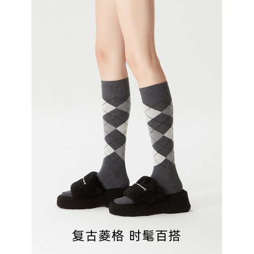 秋冬季保暖羊毛小腿襪女顯瘦壓力襪長筒襪配小皮鞋復古菱形格襪子