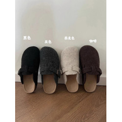 懶人一腳蹬包頭半拖鞋女外穿2025秋季新款網紅毛呢平底軟木勃肯鞋