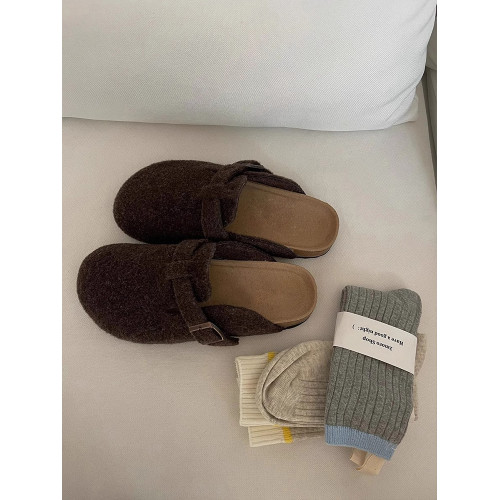 懶人一腳蹬包頭半拖鞋女外穿2025秋季新款網紅毛呢平底軟木勃肯鞋 懶人一腳蹬包頭半拖鞋女外穿2025秋季新款網紅毛呢平底軟木勃肯鞋