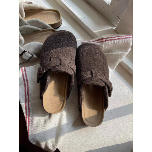 懶人一腳蹬包頭半拖鞋女外穿2025秋季新款網紅毛呢平底軟木勃肯鞋 懶人一腳蹬包頭半拖鞋女外穿2025秋季新款網紅毛呢平底軟木勃肯鞋