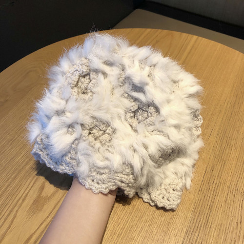 白色仙女毛毛帽手工鉤針兔毛帽子女冬季針織帽網紅毛絨保暖皮草帽 白色仙女毛毛帽手工鉤針兔毛帽子女冬季針織帽網紅毛絨保暖皮草帽