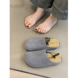 2025早秋新款ins簡約真皮反絨包頭穆勒鞋女休閒復古外穿勃肯半拖