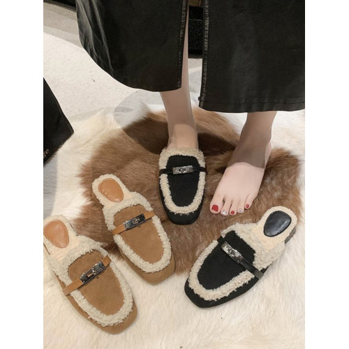毛毛拖鞋女2025秋冬季新款羊羔毛包頭半拖鞋金屬釦平底懶人穆勒鞋 毛毛拖鞋女2025秋冬季新款羊羔毛包頭半拖鞋金屬釦平底懶人穆勒鞋
