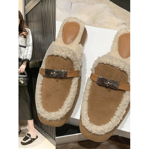 毛毛拖鞋女2025秋冬季新款羊羔毛包頭半拖鞋金屬釦平底懶人穆勒鞋 毛毛拖鞋女2025秋冬季新款羊羔毛包頭半拖鞋金屬釦平底懶人穆勒鞋