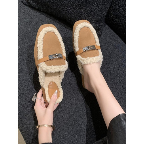 毛毛拖鞋女2025秋冬季新款羊羔毛包頭半拖鞋金屬釦平底懶人穆勒鞋 毛毛拖鞋女2025秋冬季新款羊羔毛包頭半拖鞋金屬釦平底懶人穆勒鞋