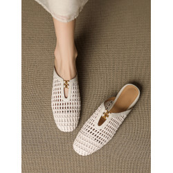 法式真皮編織鏤空洞洞鞋圓頭穆勒半拖女夏季外穿粗跟包頭涼拖鞋