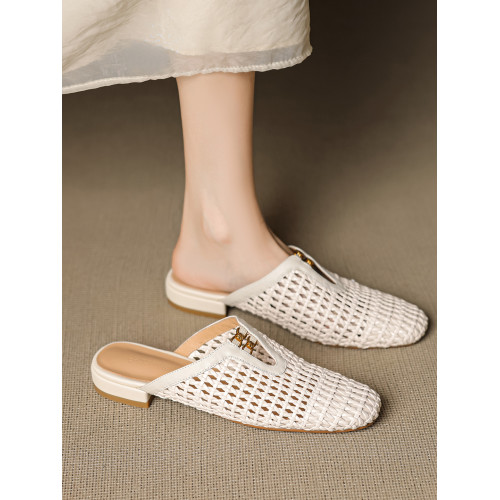 法式真皮編織鏤空洞洞鞋圓頭穆勒半拖女夏季外穿粗跟包頭涼拖鞋 法式真皮編織鏤空洞洞鞋圓頭穆勒半拖女夏季外穿粗跟包頭涼拖鞋