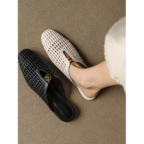 法式真皮編織鏤空洞洞鞋圓頭穆勒半拖女夏季外穿粗跟包頭涼拖鞋 法式真皮編織鏤空洞洞鞋圓頭穆勒半拖女夏季外穿粗跟包頭涼拖鞋