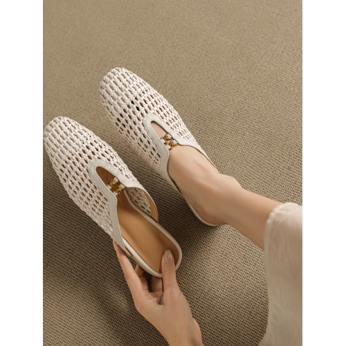 法式真皮編織鏤空洞洞鞋圓頭穆勒半拖女夏季外穿粗跟包頭涼拖鞋 法式真皮編織鏤空洞洞鞋圓頭穆勒半拖女夏季外穿粗跟包頭涼拖鞋