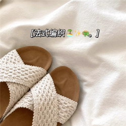 編織慵懶一字勃肯鞋涼拖鞋女2025春夏季透氣溫柔防滑厚底沙灘拖鞋