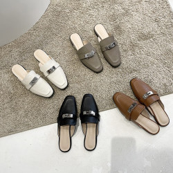 拖鞋女夏外穿2025新款復古方頭低跟小皮鞋金屬釦網紅包頭穆勒半拖