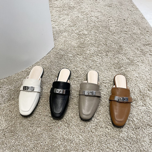 拖鞋女夏外穿2025新款復古方頭低跟小皮鞋金屬釦網紅包頭穆勒半拖 拖鞋女夏外穿2025新款復古方頭低跟小皮鞋金屬釦網紅包頭穆勒半拖