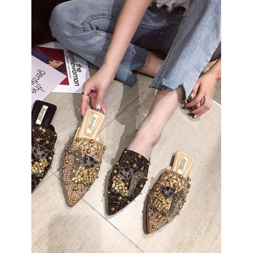 包頭半拖涼鞋女夏季外穿拖鞋2025新款時尚網紅尖頭水鑽網紗穆勒鞋 包頭半拖涼鞋女夏季外穿拖鞋2025新款時尚網紅尖頭水鑽網紗穆勒鞋