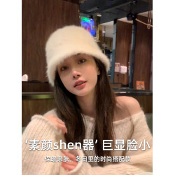 兔毛帽子漁夫帽女秋冬遮臉盆帽加大頭圍水桶帽顯臉小毛毛皮草保暖