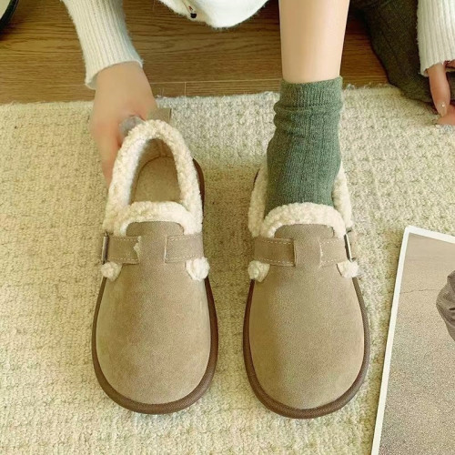 2024秋冬新款時尚毛毛鞋女軟底一腳蹬加絨保暖棉鞋大碼勃肯鞋