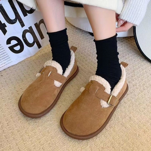 2024秋冬新款時尚毛毛鞋女軟底一腳蹬加絨保暖棉鞋大碼勃肯鞋