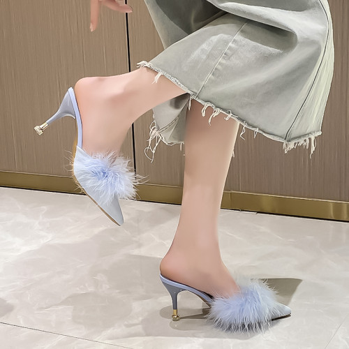 包頭涼鞋女春秋尖頭細跟毛毛鞋一腳蹬外穿穆勒半拖法式加絨高跟鞋 包頭涼鞋女春秋尖頭細跟毛毛鞋一腳蹬外穿穆勒半拖法式加絨高跟鞋