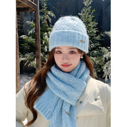 羊毛帽子女秋冬季天藍色圍巾粗針織毛線帽護耳雪地保暖拍照大頭圍