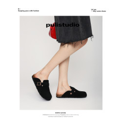 真皮軟木底勃肯鞋女春秋男女同款大碼拖鞋外穿黑色包頭半拖男款