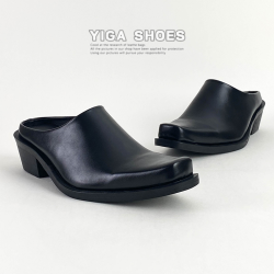 巴黎bootcu尖頭皮鞋柔軟包頭半拖鞋外穿真皮一腳蹬懶人穆勒鞋涼拖