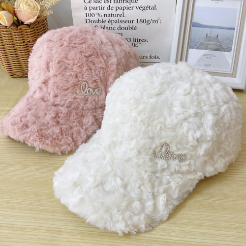 兔毛帽子女秋冬天加厚保暖棒球帽韓版鑲鑽字母M鴨舌帽百搭毛絨帽 兔毛帽子女秋冬天加厚保暖棒球帽韓版鑲鑽字母M鴨舌帽百搭毛絨帽