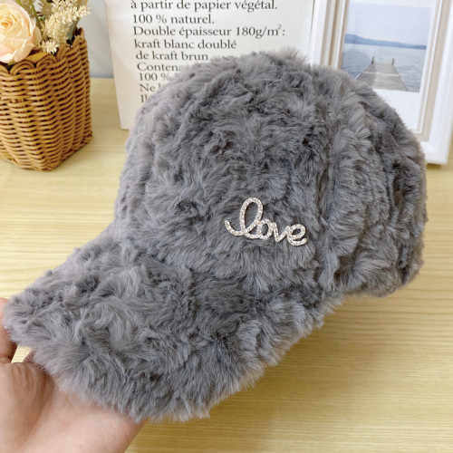 兔毛帽子女秋冬天加厚保暖棒球帽韓版鑲鑽字母M鴨舌帽百搭毛絨帽 兔毛帽子女秋冬天加厚保暖棒球帽韓版鑲鑽字母M鴨舌帽百搭毛絨帽