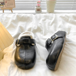 網紅厚底皮麵包頭半拖毛毛鞋女秋冬外穿2025新款百搭加絨勃肯鞋子