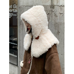 羊羔毛帽子女秋冬韓版百搭復古連帽披肩冬季加厚保暖護耳毛絨圍脖