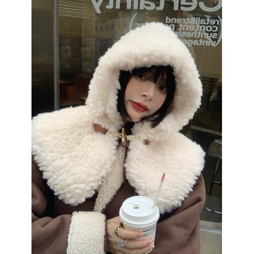 羊羔毛帽子女秋冬韓版百搭復古連帽披肩冬季加厚保暖護耳毛絨圍脖 羊羔毛帽子女秋冬韓版百搭復古連帽披肩冬季加厚保暖護耳毛絨圍脖