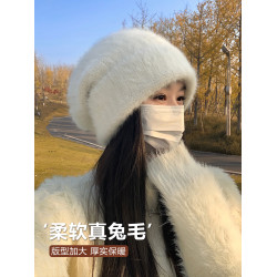顯臉小兔毛帽子女冬季保暖毛線帽大頭圍氣質白色毛絨針織護耳冷帽