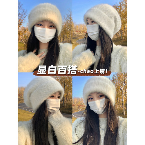 顯臉小兔毛帽子女冬季保暖毛線帽大頭圍氣質白色毛絨針織護耳冷帽 顯臉小兔毛帽子女冬季保暖毛線帽大頭圍氣質白色毛絨針織護耳冷帽