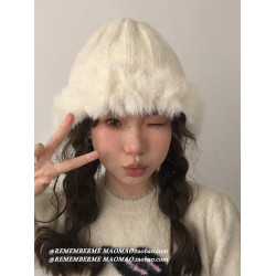 【寬松大頭圍】秋冬保暖手工兔毛帽子女百搭摩卡色毛絨護耳包頭帽